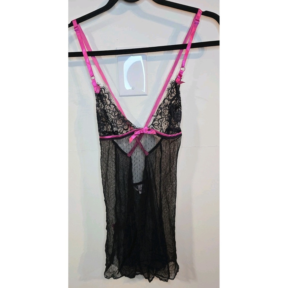 Y2K Sheer Lace‎ Babydoll Lingerie Black Pink Trim Slip Dress Coquette Women's S